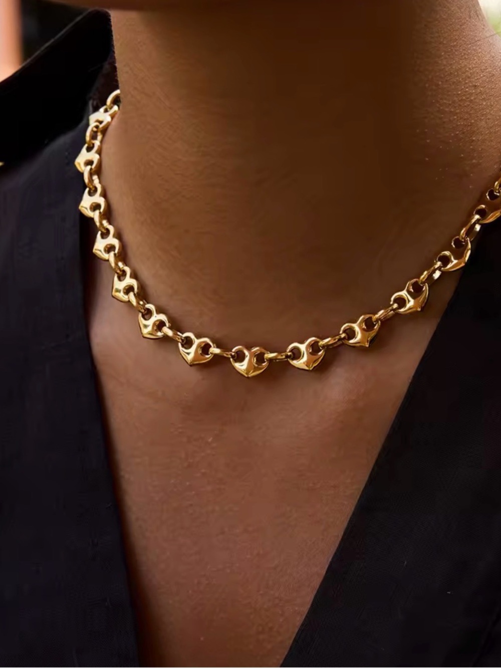 Gold Tone Heart Chain Necklace Trendy Choker Style